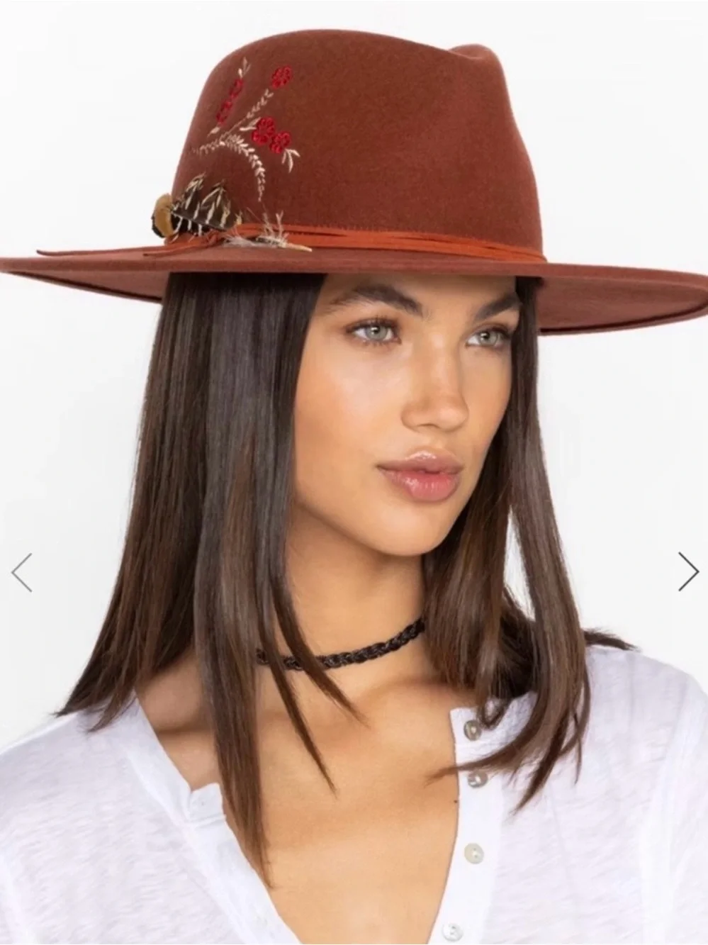 Johnny Was Fedora Hat Rust Color Embroidered Wool with Blue Hummingbird Feather